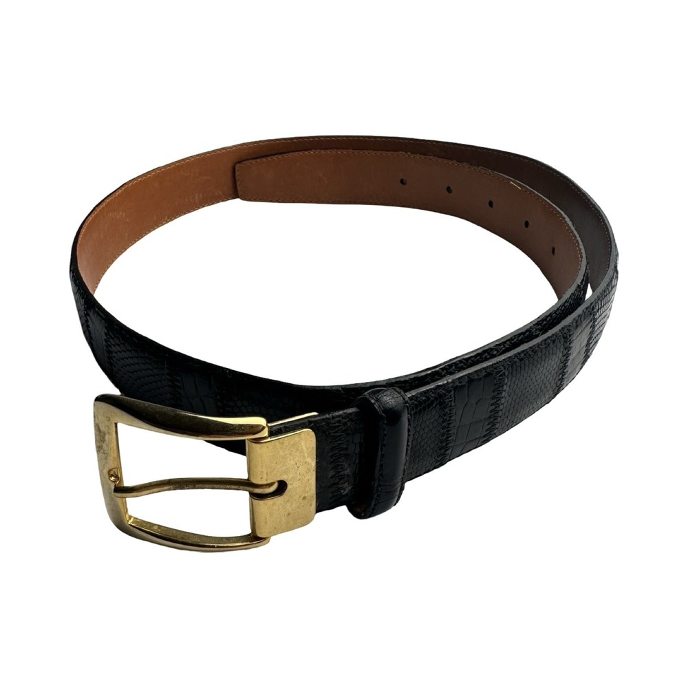 Bespoke Alligator Lizard Patchwork Mens Black Brass Buckle Belt 36 Exotic Skin